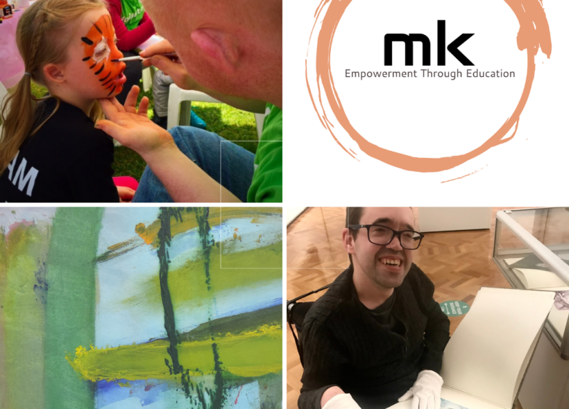 Four square pictures arranged within a square. Top left picture: A young man face painting a tiger design on a child's face.  Top right picture: A logo with a circular shape, inside it, containing the words, MK Education: Empowerment through Education.' Bottom left picture: Detail of a paintingwith blue, green and red expressive brushstroke. Bottom right picture: A man, sitting in a wheelchair, wearing white gloves and holding an artist book. The man is wearing glasses and is smiling at the camera. 