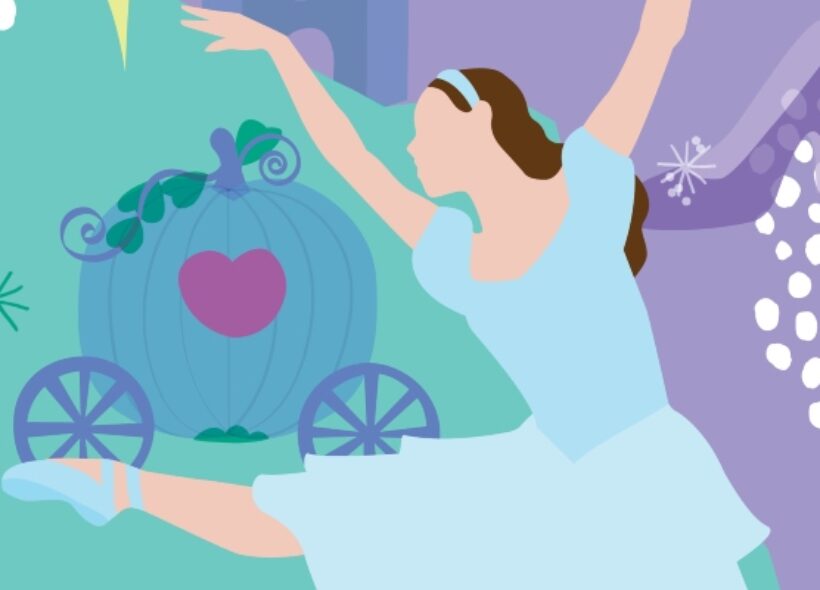 Cinderella in a blue dress, with a pumpkin coach and glass slipper in the background.