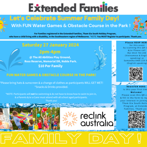 Extended Families Summer Splash obstacle course FUN FAMILY Day! for children living with disabilities 27/1/24 