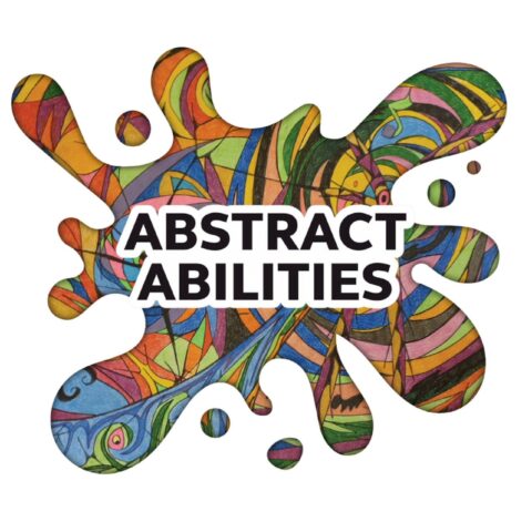A shape like a splash of paint, with different colours and patterns. In the middle are the words Abstract Abilities in black capital letters.