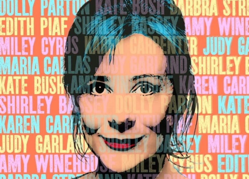 Bernadette Robinson's face overlayded with text saying on repeat 'Edith Piaf, Amy Winehouse, Shirley Bassey, Barbra Streisand, Maria Callas, Kate Bush, Dolly Parton, Karen Carpenter, Miley Cyrus, Judy Garland' 