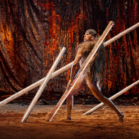 Bangarra dancer surrounded by large sticks