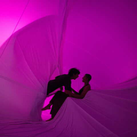 A silhouette of a man and woman is at the centre of the image. The woman is sitting down while the man emerges from an inflatable leaning into her. They are surrounded by a magenta-coloured fabric.
