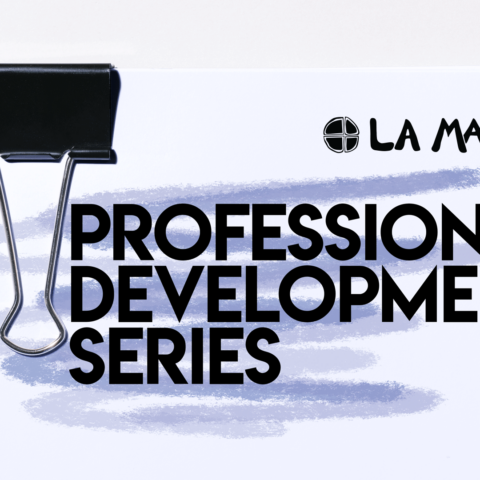 A large bulldog clip holds together a pad of paper. On the paper there's a large purple squiggle, made up of varying shades of purple. Text in black bold letters reads La Mama Professional Development Series.