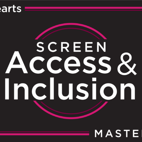 A graphic of the view through a camera lens with a black background, hot pink crop marks and a battery symbol and the words Accessible Arts, Screen Access and Inclusion Masterclass.