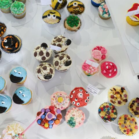 The image shows baked cupcakes from above, decorated with coloured icing in different patterns.