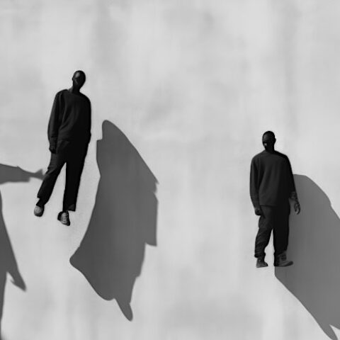 Four human figures dressed in all black, levitating with harsh shadows on a slate wall behind them.