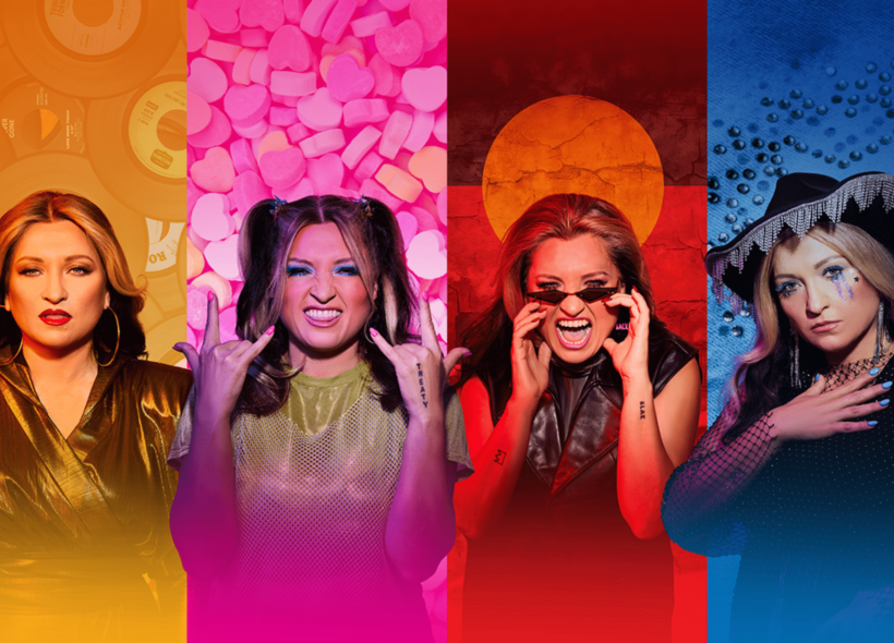 Collage of 4 hero photo strips of the main character Queen: pic 1 - luxe look, dressed in gold on gold background, pic 2 - popstar pose dressed in sequins on pink background, pic 3 - shouting and dressed in black leather with Aboriginal flag in background, and pic 4 -serious face with hand on heart and dressed in black and blue on blue background 