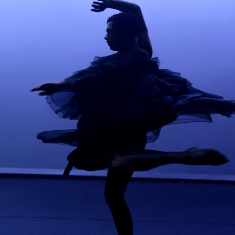 A silhouette of a woman gracefully dancing in a flowing black dress against a soft, illuminated background.