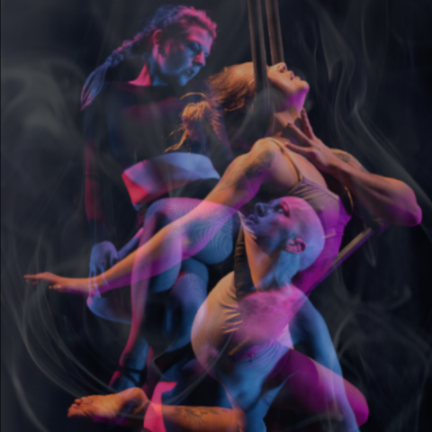 2 acrobats are looking at each other as a third acrobat blends into them from the background, they are stroking their neck the back ground is dark with smoky whisps