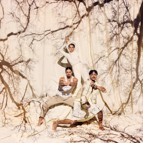 Two men one woman dynamically posing in neutral clothing against a cream background with projection of tree branches on them