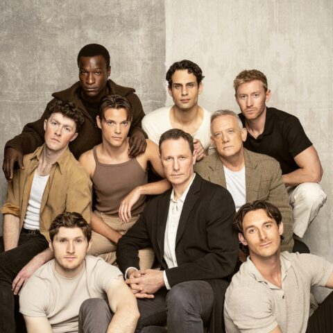 The male ensemble starring in The Inheritance all dressed in neutrals 