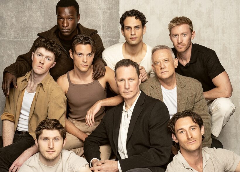 The male ensemble starring in The Inheritance all dressed in neutrals 