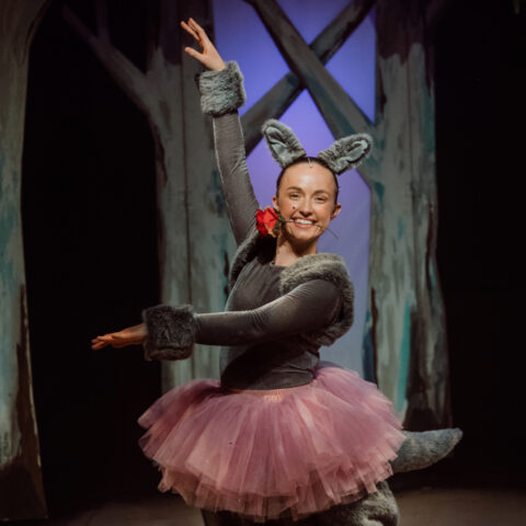 Young female actress in a pink tutu and kangaroo ears posing with a red rose in her teeth in a ballet pose. 