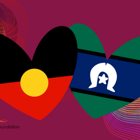 Two love hearts are positioned in the center of the image, one is filled with the Aboriginal Flag, the other filled with the Torres Strait Islander. Both are on a dark purple background with rainbow lines extending across the background. 