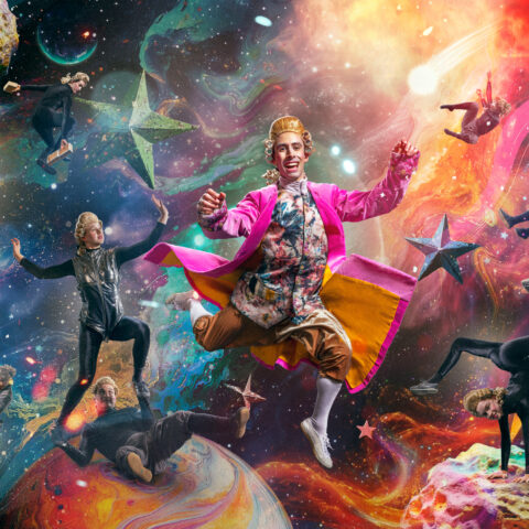 man in bright pink suit jacket floating in front of space background