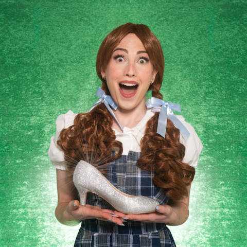 Joyfully smiling woman in low pigtails and checkered dress holding a silver slipper agains an emerald background