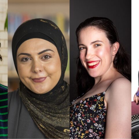 Collage of headshots of the panellists and MC (from left to right): Maeve Marsden (photo by Patrick Boland), Dr Ayah Wehbe (photo by Anna Kucera), Hannah Diviney (photo by Marnya Rothe) and Robin M Eames (photo by Andrea Francolini).