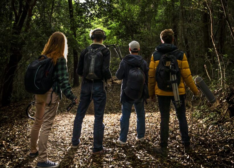 Four people stand in a forest with their backs to their camera. a light is shining in their faces