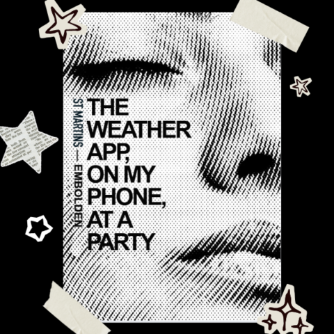 Close up of a person's face, with text on the cheek and stars decorating the edges of the picture.