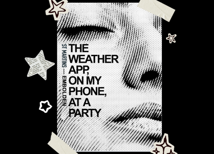 Close up of a person's face, with text on the cheek and stars decorating the edges of the picture.