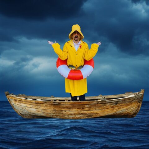 Jeremy Moses stands with arms up in a confused pose, in an old wooden boat in the ocean. He wears a yellow long raincoat with black suit pants, with a red and white lifesaving buoy around his waist. He is modestly covered in small crabs and fish.