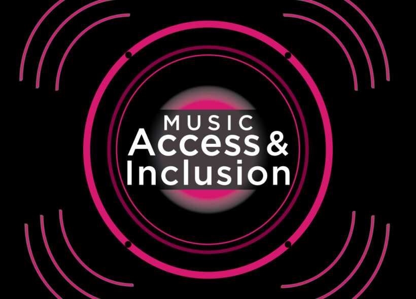 A graphic of a hot pink music speaker on a dark background. Overlay text reads: Accessible Arts Music Access and Inclusion Masterclass.