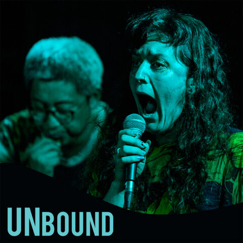 In the foreground, a white woman holds a microphone with her mouth gaping wide open. She has long wavy brown hair. A loose dress that has shades of navy with large yellow flowers. Nail polish and glitter around her eyes. In the background to the left is a Korean man with glasses, greyish short hair blowing into a small nondescript instrument.