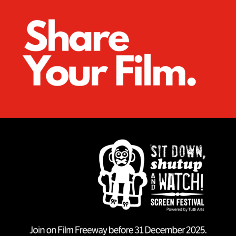 Red background with bold white text reads, 'Share Your Film' Below is the SDSW logo and white text on black (smaller) reads 'Join before 31 December'