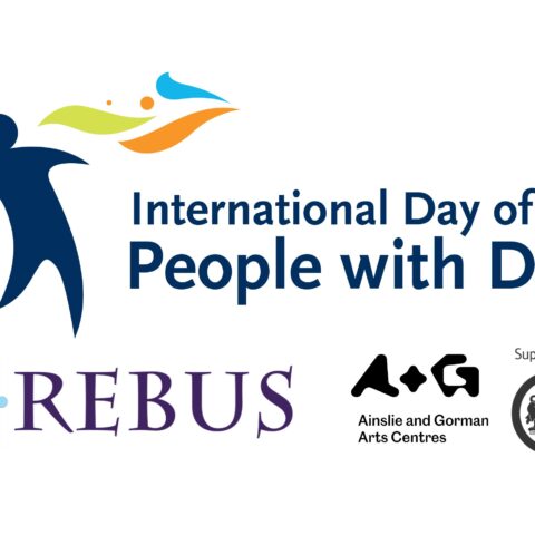 “International Day of People with Disability logo featuring a stylised blue human figure with colourful abstract shapes. Below are the logos for Rebus Theatre, Ainslie and Gorman Arts Centres, and the ACT Government with the text ‘Supported by’.”