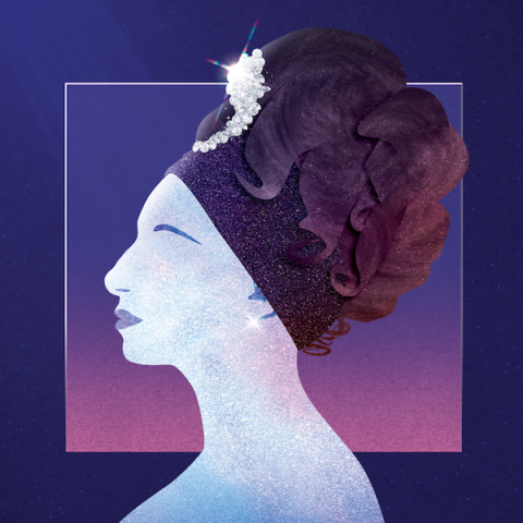 Purple pink and blue graphic showing the side profile of a silhouette of Barbra Streisand