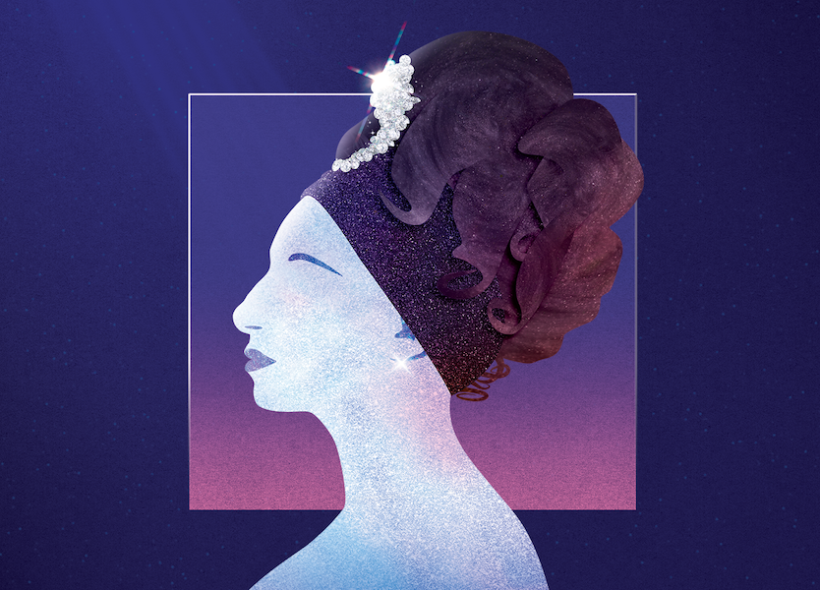 Purple pink and blue graphic showing the side profile of a silhouette of Barbra Streisand