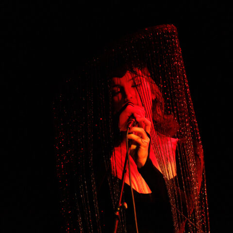 A singer lit in red and orange lighting holds a microphone close to their mouth. They are wearing a black long sleeve top and a large head piece with dangling strings of beads raining down their face. 