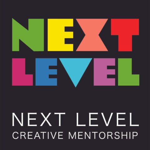 Multi-coloured block text reads: Next Level. Underneath white text reads: Next Level Creative Mentorship.