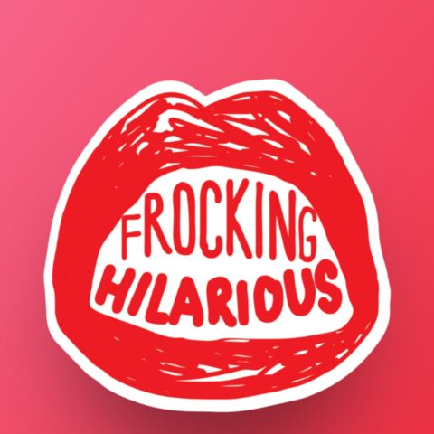 Red lips graphic on a pink gradient background with the phrase 