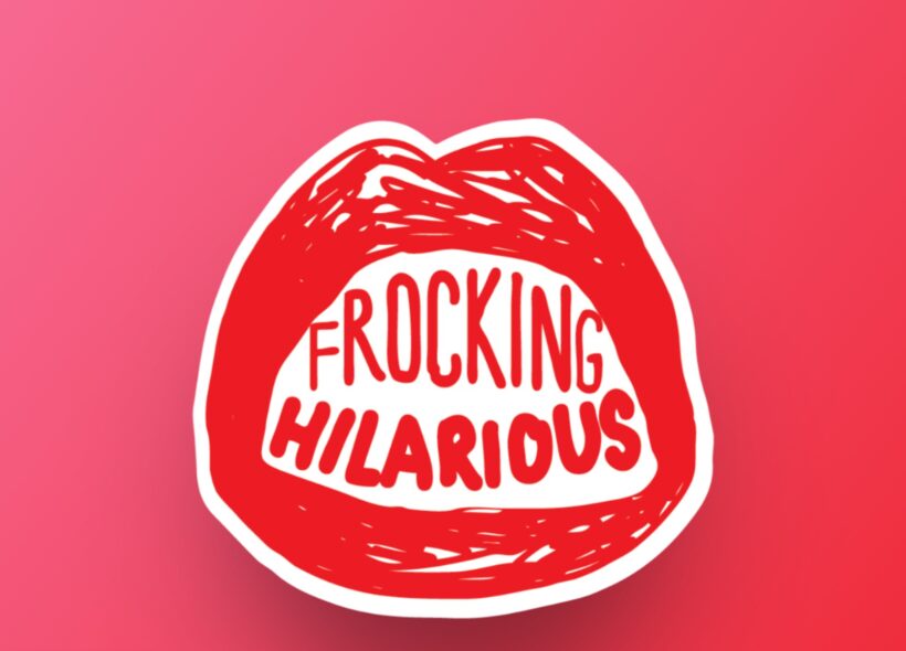 Red lips graphic on a pink gradient background with the phrase 