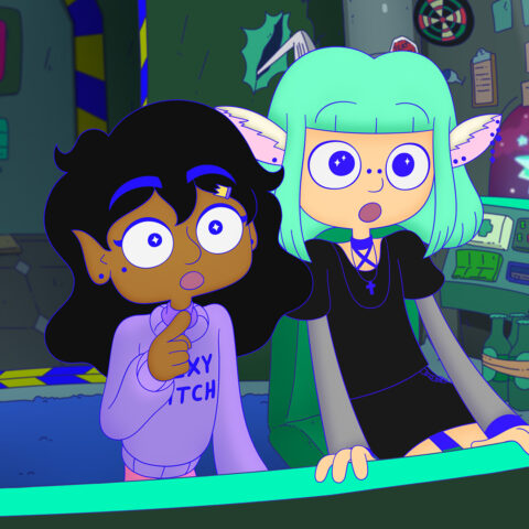 A still image from animated feature film, Lesbian Space Princess, that features two female characters.