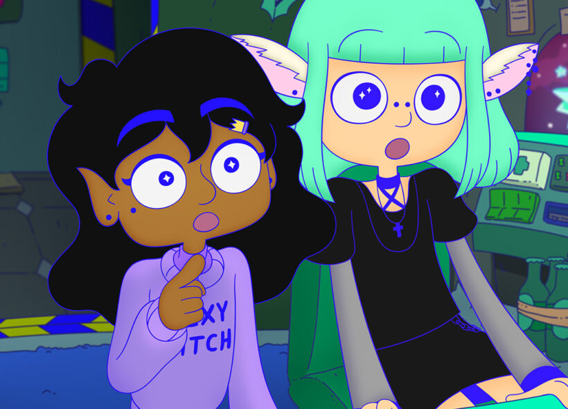 A still image from animated feature film, Lesbian Space Princess, that features two female characters.