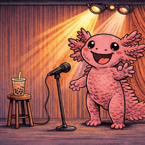 A cheerful pink axolotl stands on a stage next to a microphone and stool with bubble tea. Spotlights shine down, creating a lively, comedic atmosphere.