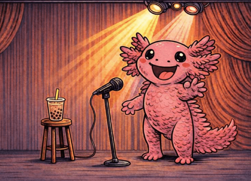 A cheerful pink axolotl stands on a stage next to a microphone and stool with bubble tea. Spotlights shine down, creating a lively, comedic atmosphere.