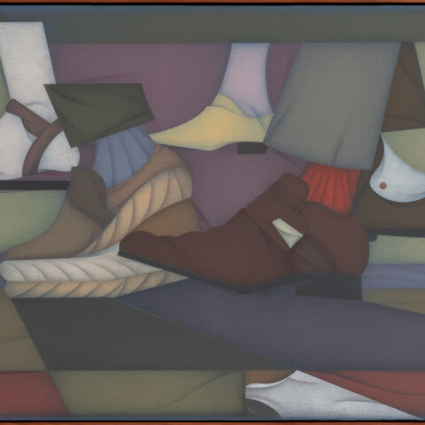  Abstract artwork showing various footwear overlapping, including sandals, loafers, and dress shoes, in muted tones and geometric shapes, conveying movement.