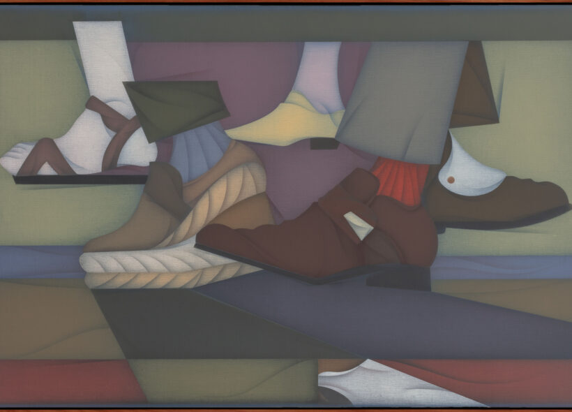  Abstract artwork showing various footwear overlapping, including sandals, loafers, and dress shoes, in muted tones and geometric shapes, conveying movement.
