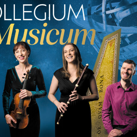 Three people smiling in elegant attire hold musical instruments against a celestial-themed backdrop. Text reads 