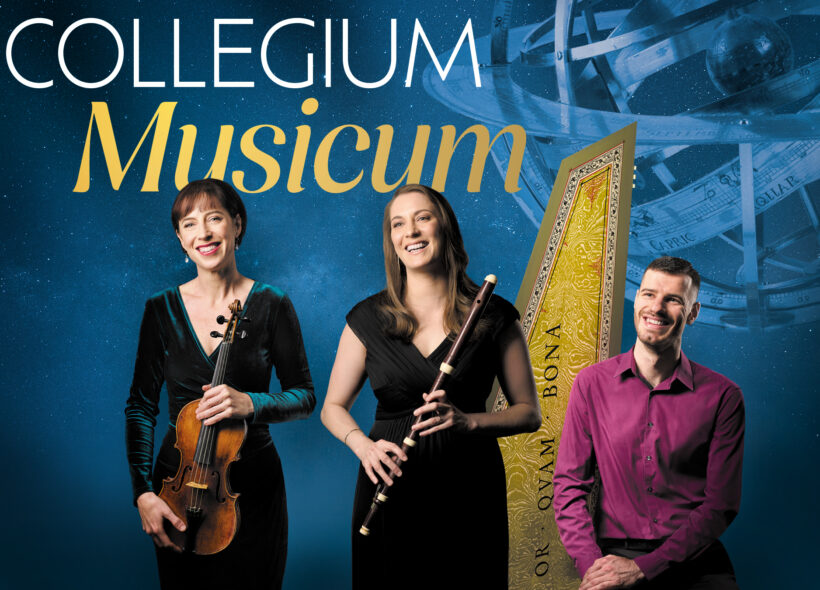 Three people smiling in elegant attire hold musical instruments against a celestial-themed backdrop. Text reads 