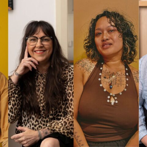Collage of headshots of the MC and panellists (from left to right): Michael Louis Kennedy (photo by Daniel Francisco Robles), Angie Goto, Rosell Flatley (photo by Jamie Khamphet) and Sidney McMahon (photo by Anna Kucera).