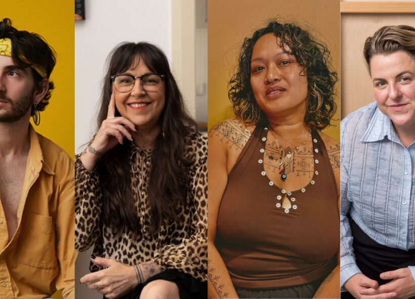 Collage of headshots of the MC and panellists (from left to right): Michael Louis Kennedy (photo by Daniel Francisco Robles), Angie Goto, Rosell Flatley (photo by Jamie Khamphet) and Sidney McMahon (photo by Anna Kucera).