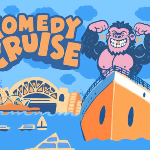 A vibrant ferry with Aboriginal art sails in Sydney Harbour, with the iconic Sydney Opera House in the background under a blue sky with clouds.