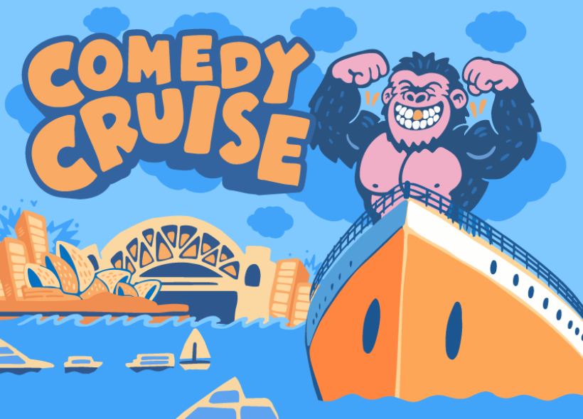 A vibrant ferry with Aboriginal art sails in Sydney Harbour, with the iconic Sydney Opera House in the background under a blue sky with clouds.