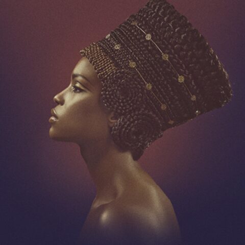 Profile of a woman with an elaborate braided hairstyle adorned with gold accents. Her serene expression and the warm, dark background convey elegance.