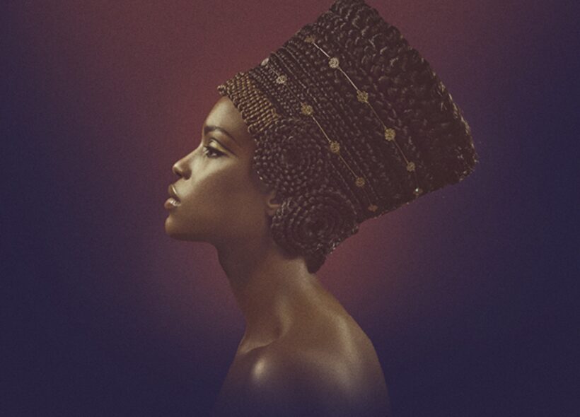 Profile of a woman with an elaborate braided hairstyle adorned with gold accents. Her serene expression and the warm, dark background convey elegance.